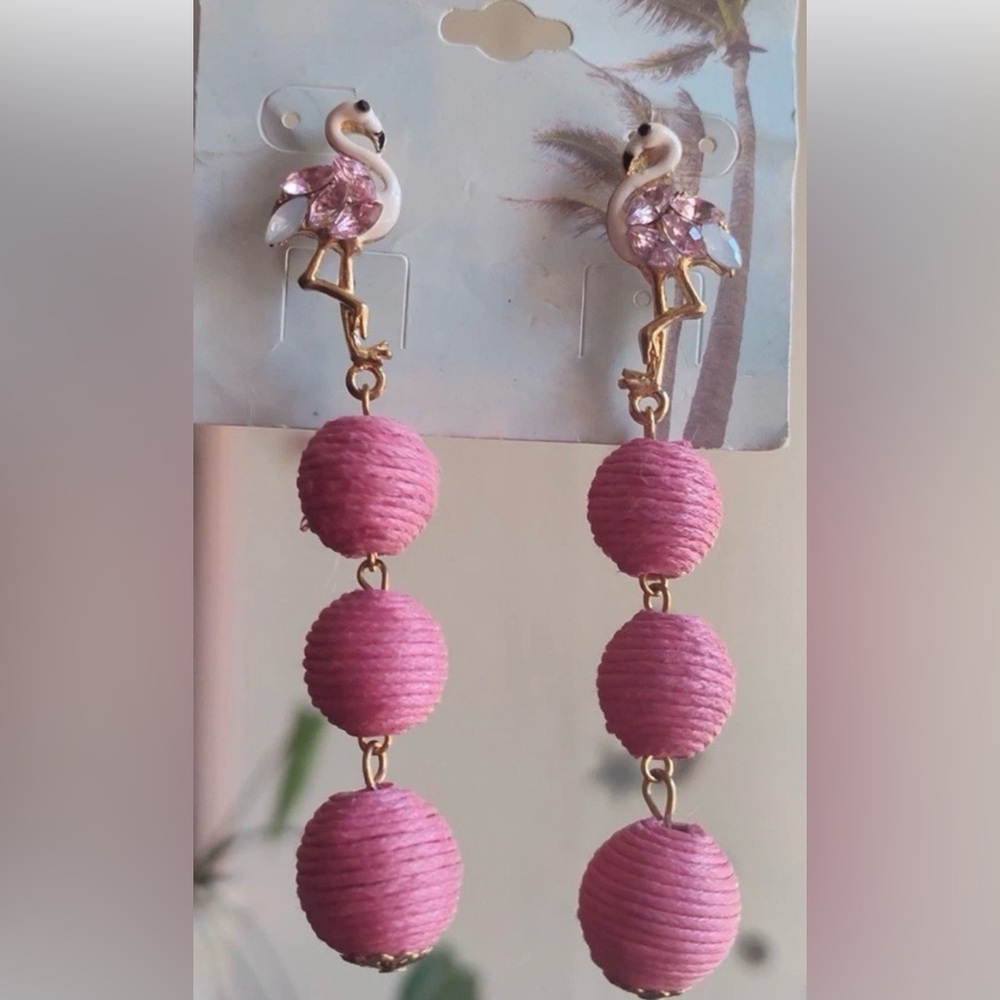 NWT Paradise Shores Earrings Flamingos enamel Pink crystals raffia balls pierced